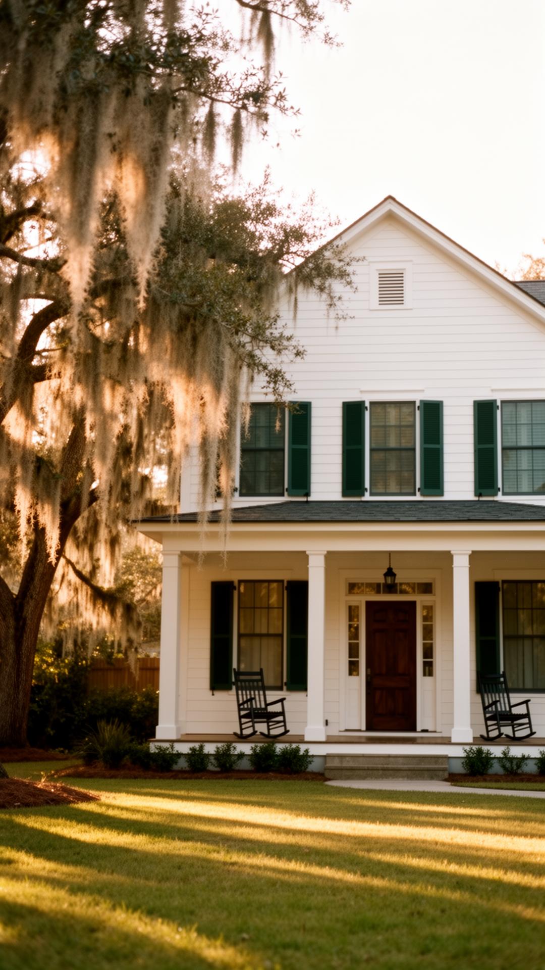 Sunlit Southern home with a deep wraparound porch, white columns, rocking chairs, and oak trees draped in Spanish moss